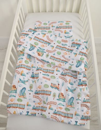 Bedding set 2-pcs with filling 135x100 cm - turquoise train