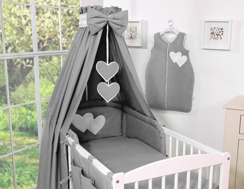 Bedding set 5-pcs 135x100 with canopy - Hanging Hearts anthracite