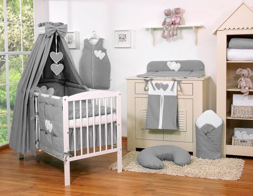 Bedding set 5-pcs 135x100 with canopy - Hanging Hearts anthracite