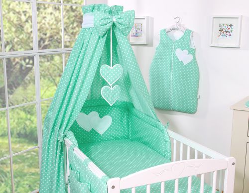 Bedding set 5-pcs 120x90 - Hanging Hearts white dots on mint