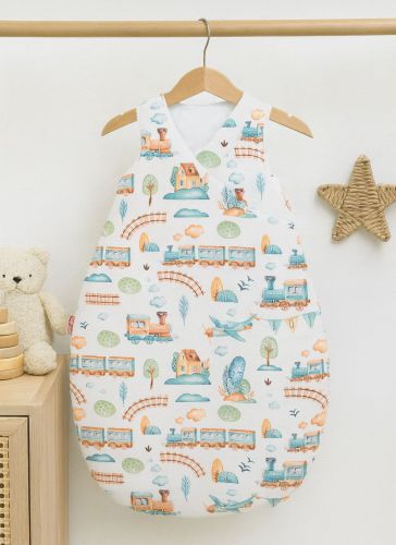 Cotton sleeping bag for children, size M, 3-12 months, TOG 2.5, all-season - turquoise train