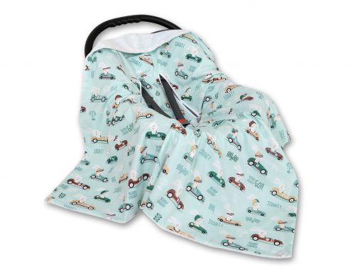 Big double-sided car seat blanket for babies - mint rabbits/white
