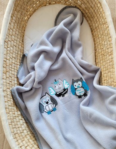 Polar fleece blanket for babies - Owls Bigi Zibi & Adele- grey-turquoise