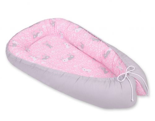 Baby nest double-sided Premium Cocoon for infants BOBONO- pink rabbits/gray