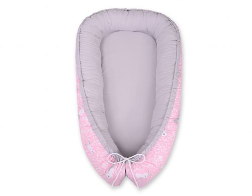 Baby nest double-sided Premium Cocoon for infants BOBONO- pink rabbits/gray