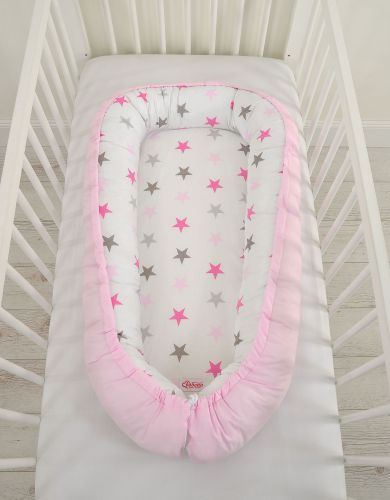 Baby nest double-sided Premium Cocoon for infants BOBONO- gray-pink stars/ gray