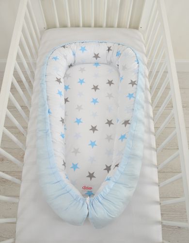 Baby nest double-sided Premium Cocoon for infants BOBONO- gray-blue stars/ blue