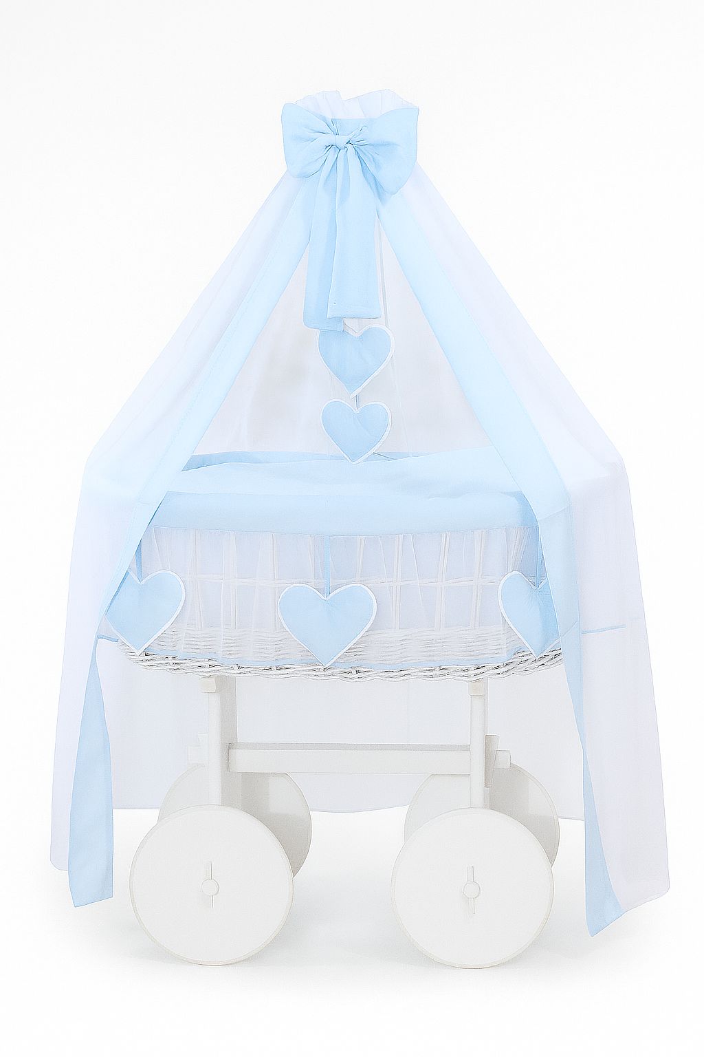 Moses Basket Wicker drape crib Deluxe Amelie - white + blue bedding