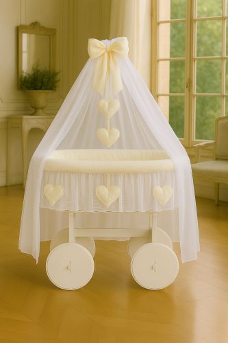 Moses Basket Wicker drape crib Deluxe Amelie - white + cream bedding