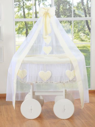 Moses Basket Wicker drape crib Deluxe Amelie - white + cream bedding