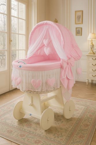 Moses Basket Wicker hood crib Amelie - white + pink bedding