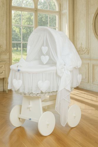 Moses Basket Wicker hood crib Amelie - white + white bedding