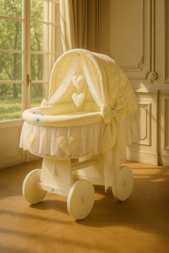 Moses Basket Wicker hood crib Amelie - white + cream bedding