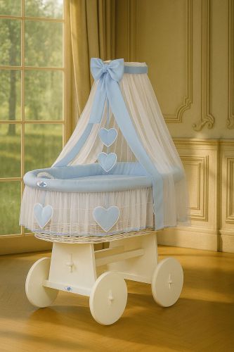 Moses Basket Wicker drape crib Amelie - white + blue bedding