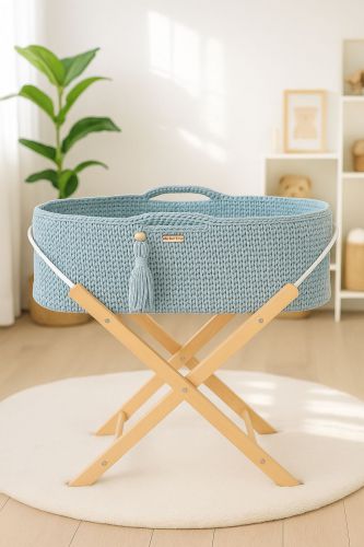 Moses basket BOHO Handmade with stand - misty blue