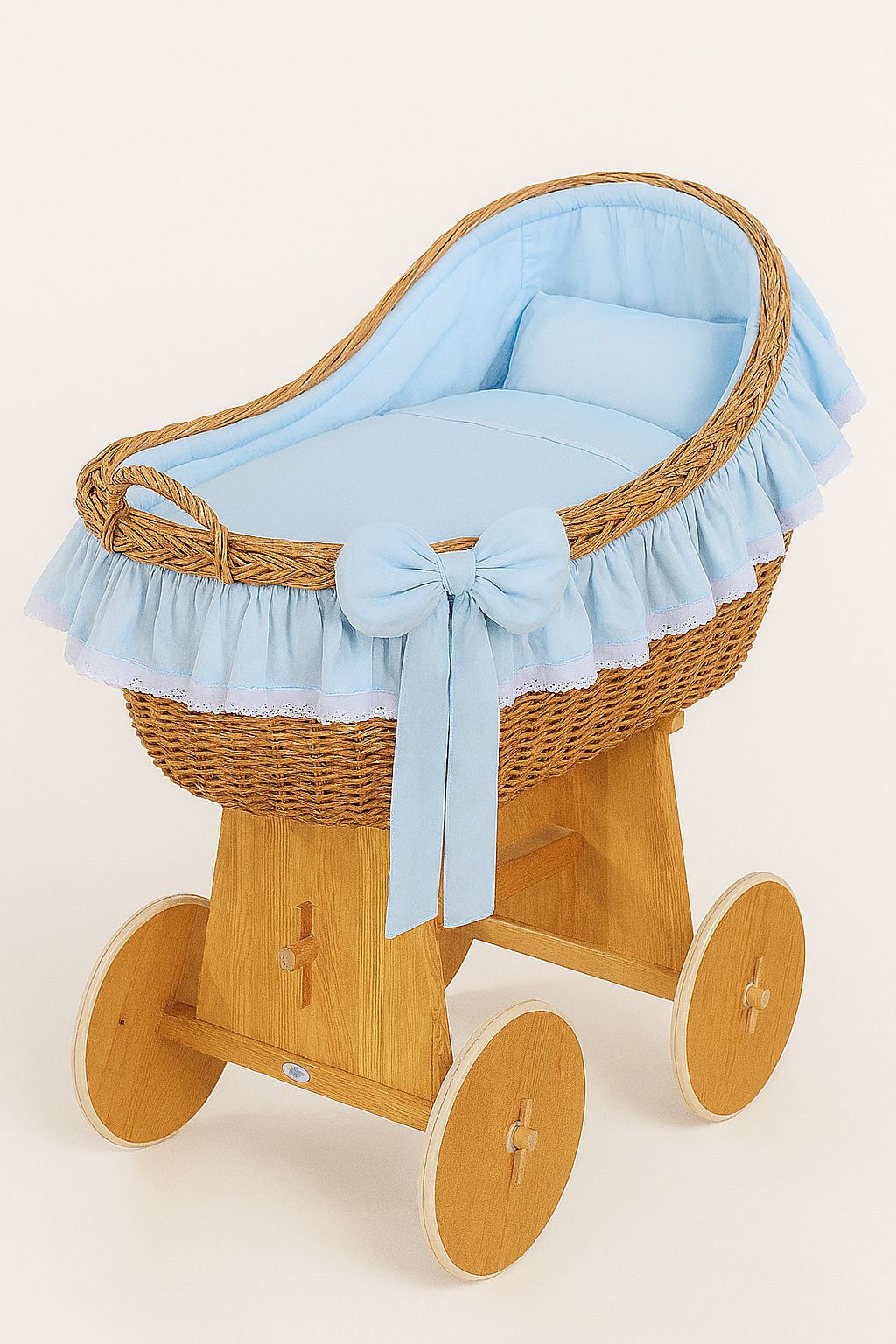 Moses Basket Wicker hood crib Carina - natural + blue bedding