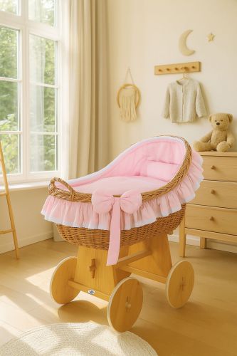 Moses Basket Wicker hood crib Carina - natural + pink bedding