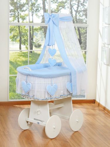 Moses Basket Wicker drape crib Amelie - white + blue bedding