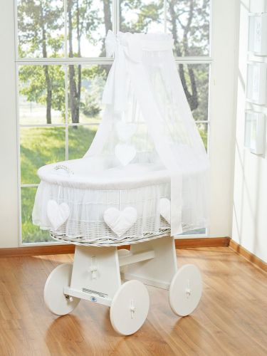 Moses Basket Wicker drape crib Amelie - white + white bedding