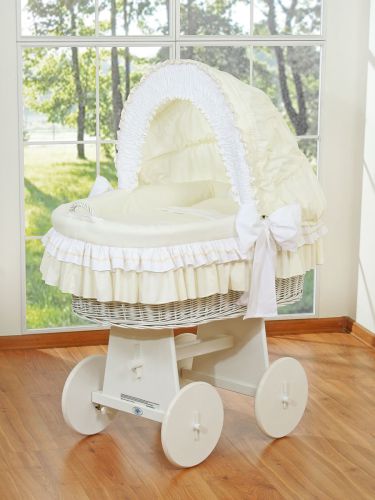 Moses Basket Wicker hood crib Bellamy - white + cream bedding