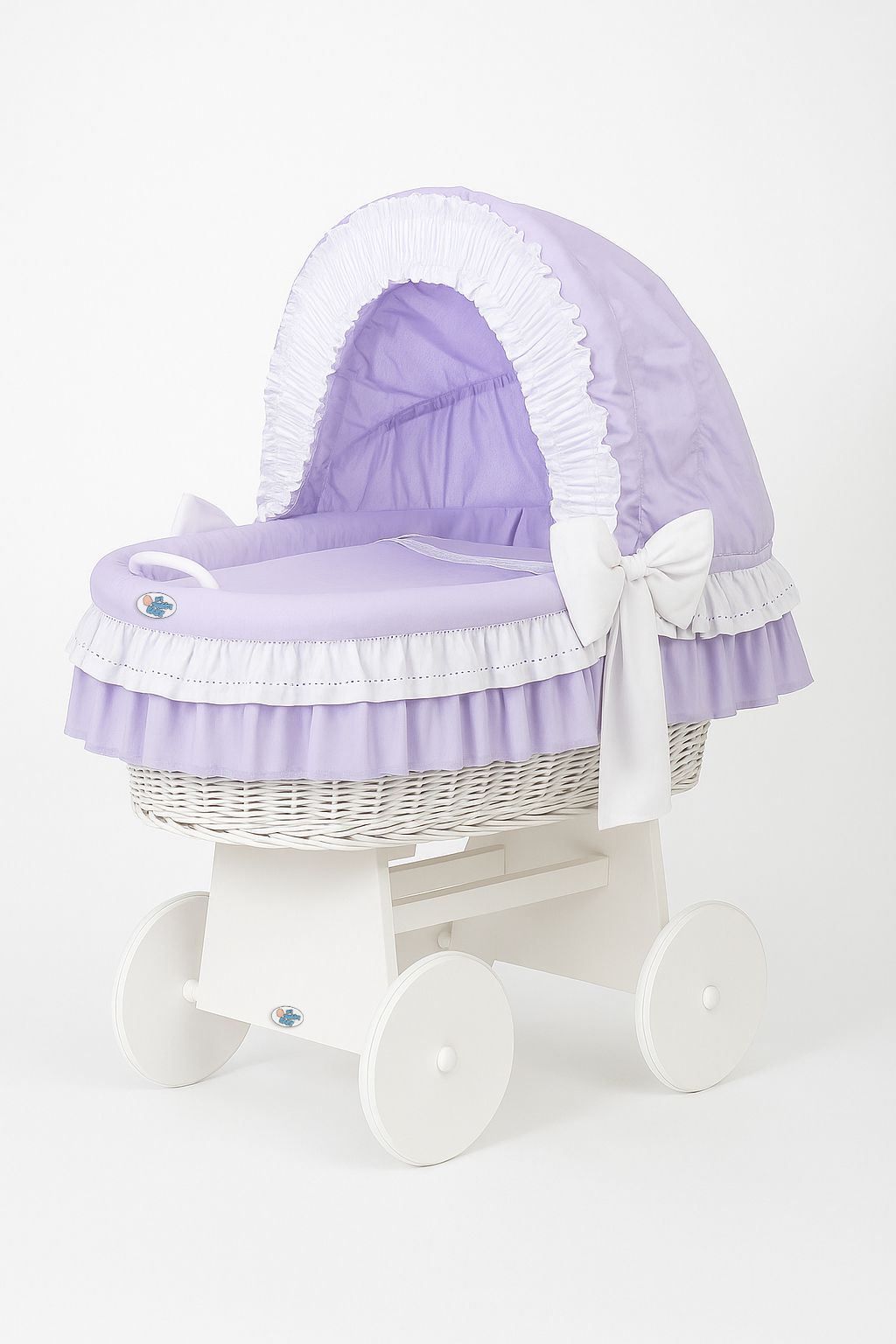 Moses Basket Wicker hood crib Bellamy - white + lila bedding