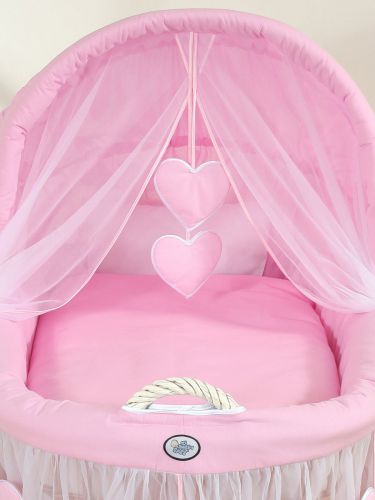 Moses Basket Wicker hood crib Amelie - white + pink bedding
