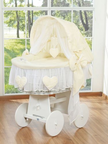Moses Basket Wicker hood crib Amelie - white + cream bedding