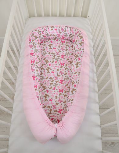 Baby nest double-sided Premium Cocoon for infants BOBONO- pink butterflies/pink