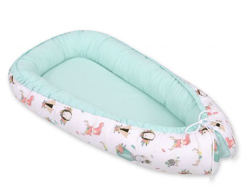 Baby nest double-sided Premium Cocoon for infants BOBONO- foxes beige/mint