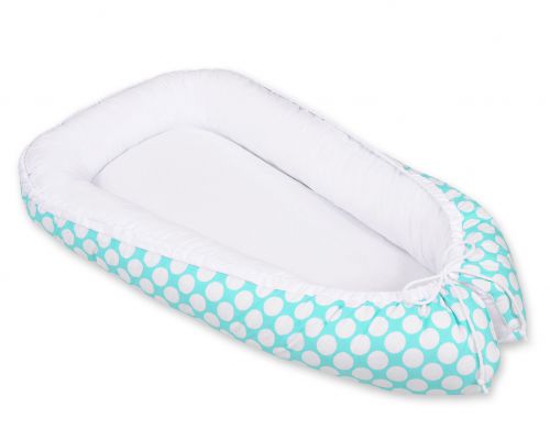 Baby nest double-sided Premium Cocoon for infants BOBONO- turquoise with dots/white