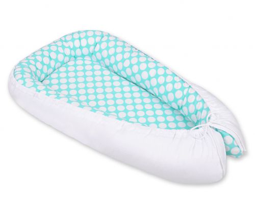 Baby nest double-sided Premium Cocoon for infants BOBONO- turquoise with dots/white