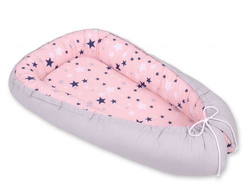 Baby nest double-sided Premium Cocoon for infants BOBONO- pink-navy blue stars