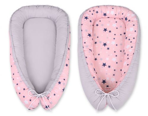 Baby nest double-sided Premium Cocoon for infants BOBONO- pink-navy blue stars