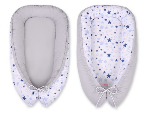 Baby nest double-sided Premium Cocoon for infants BOBONO- blue stars/gray