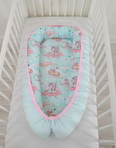 Baby nest double-sided Premium Cocoon for infants BOBONO- unicorn mint/mint