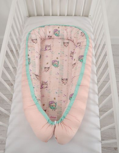 Baby nest double-sided Premium Cocoon for infants BOBONO- owls cream/powder pink