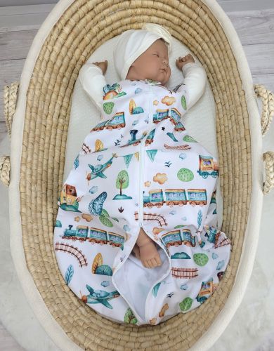 Cotton baby sleeping bag S 0-6 months for summer TOG 1.0 - turquoise train