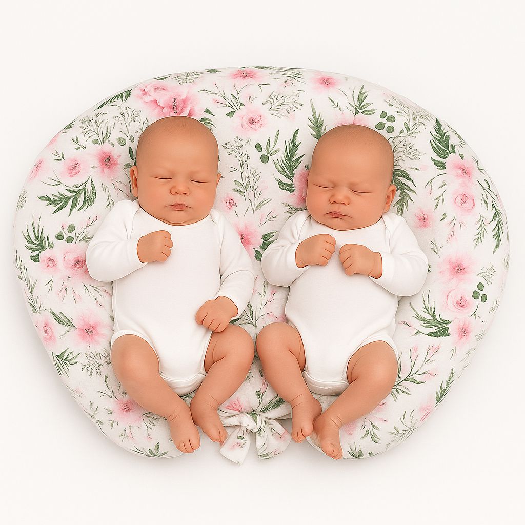 Twin nursing pillow, Breastfeeding Croissant Pillow, removable, Hands-Free Feeding-peony flower pink