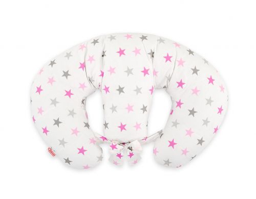 Twin nursing pillow, Breastfeeding Croissant Pillow, removable, Hands-Free Feeding- Grey-pink stars