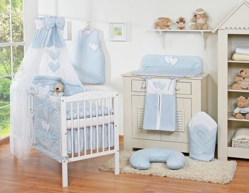 Bedding set 5-pcs 120x90 with canopy - Hanging Hearts blue