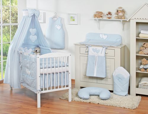 Bedding set 5-pcs 120x90 with canopy - Hanging Hearts blue