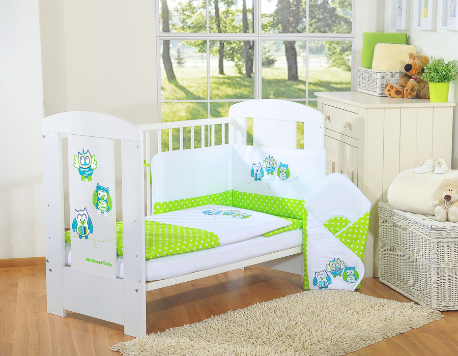 Baby bedding set 135x100 cm with bumper 3-pcs Green Owls with green and turquoise embroidery