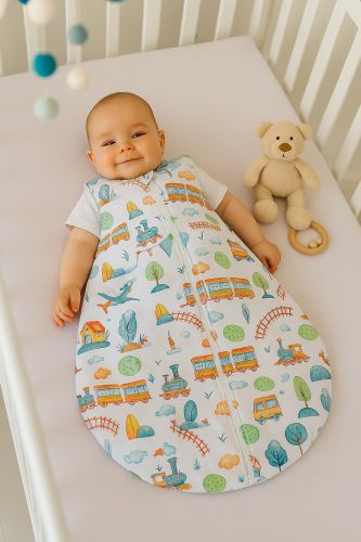 Cotton baby sleeping bag S 0-6 months for summer TOG 1.0 - turquoise train
