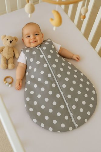 Cotton baby sleeping bag S 0-6 months for summer TOG 1.0 - polka dots on grey