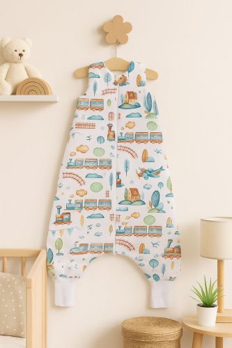 Cotton Baby Sleeping Bag with legs Warm and Cozy L 9-24 months TOG 2.5 - turquoise train