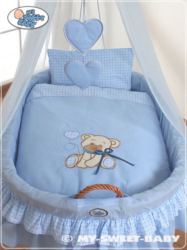 Moses Basket/Wicker drape crib- Bear with bow blue