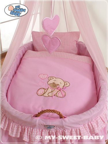 Moses Basket/Wicker drape crib- Bear with bow pink