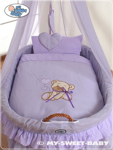 Moses Basket/Wicker drape crib- Bear with bow lilac