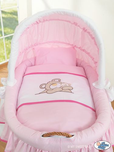Moses Basket/Wicker hood crib- Teddy Bear Barnaba pink