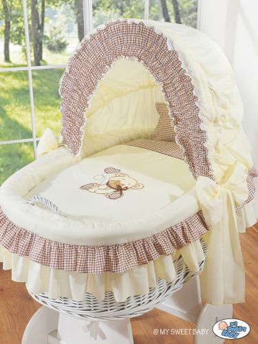 Moses Basket/Wicker crib with hood- Teddy Bear with Bow brown